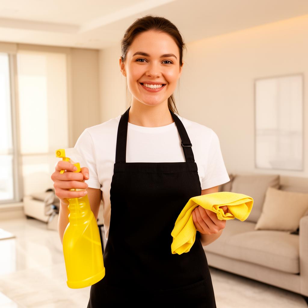 Cleaning supplies and a professional cleaner at work